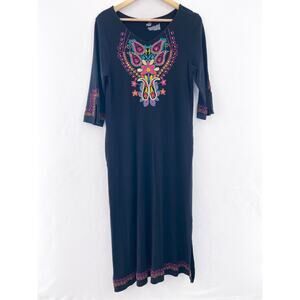 Patio Casuals Boho Patio Dress Small Black Embroidered Stretch Jersey Dress Midi